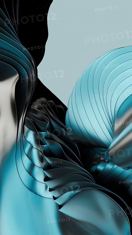 A dynamic abstract composition featuring flowing metallic blue and black curves in 3D. The interplay of light and shadow creates a sense of depth and movement, evoking elegance and mystery