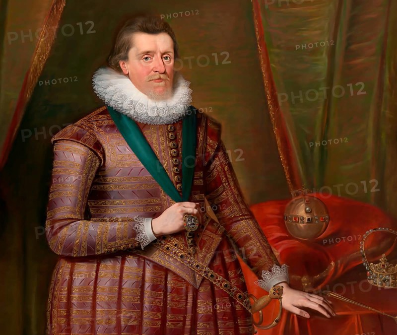 James VI and I, James Charles Stuart, 1566 – 1625, King of England, Scotland and Ireland, digitally edited after a painting by Paul van Somer