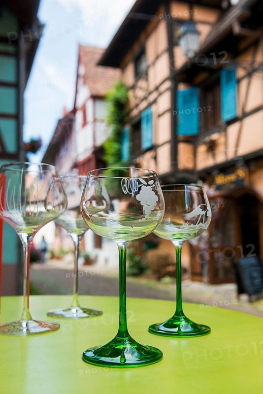 Wine glasses, Eguisheim, Plus beaux villages de France, Haut-Rhin, Alsace, Alsace, France
