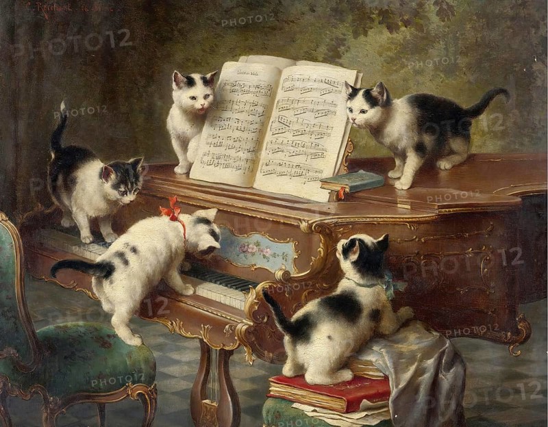Carl Reichert, Karl Reichert, pseudonym J. Hartung (born 27 August 1836 in Vienna, died 5 April 1918 in Graz) . Austrian painter, especially landscape painter and animal painter. Here his work:, The Kittens' Recital (1908), Five playful kittens interact on and around an ornate grand piano while looking at sheet music, Painting, Reproduction of the painting, Work of art, Historical