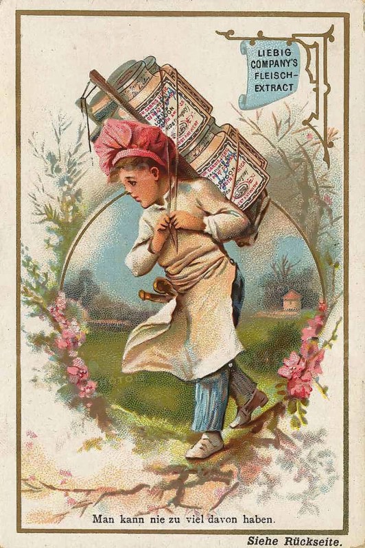 Picture series Children in various professions with Liebig glass, Liebig picture, digitally restored reproduction of a collector's picture from around 1900, public domain, exact date unknown, boy carrying several products through a picturesque landscape and appears cheerful and full of energy