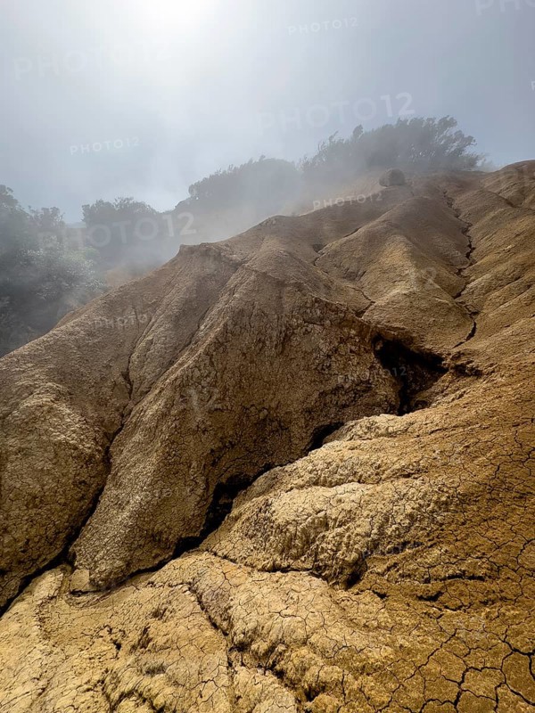 Clouds of fog, yellow earth, erosion, near Arguamul, La Gomera, Canary Islands, Spain