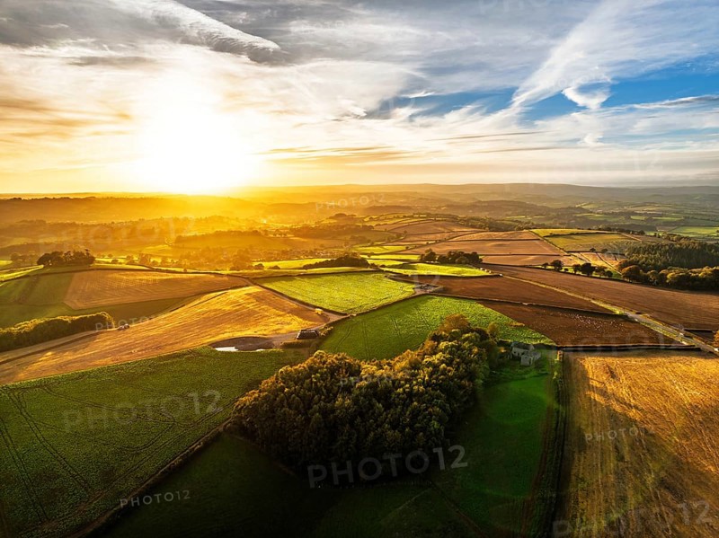 Colours of Devon Farms and Fields over Berry Pomeroy from a drone, Totnes, England, United Kingdom