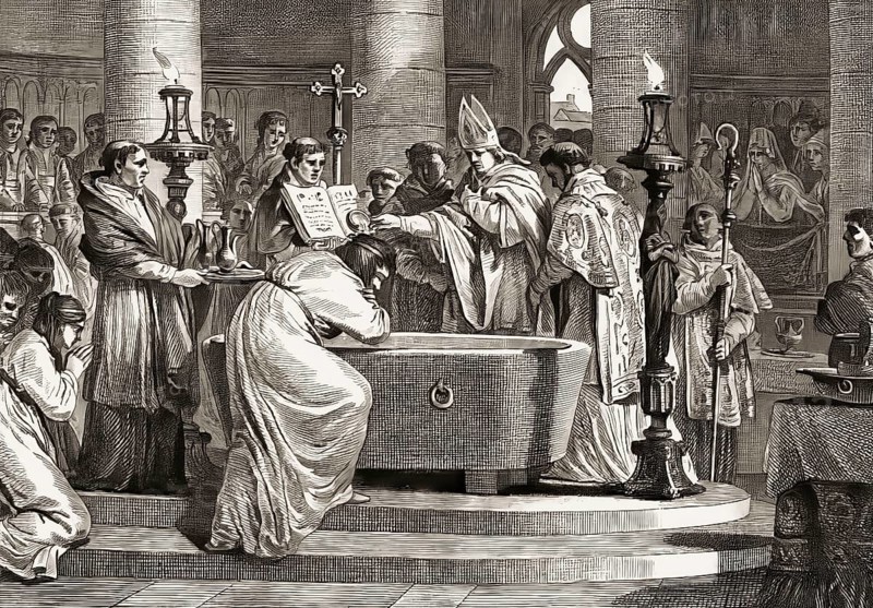 Baptism of Clovis by Saint Remigius, cathedral of Reims, 496, Clovis, Chlodovechus, Chlodwig I., Chlodowech, 466-511, King of the Franks of the Merovingian dynasty
