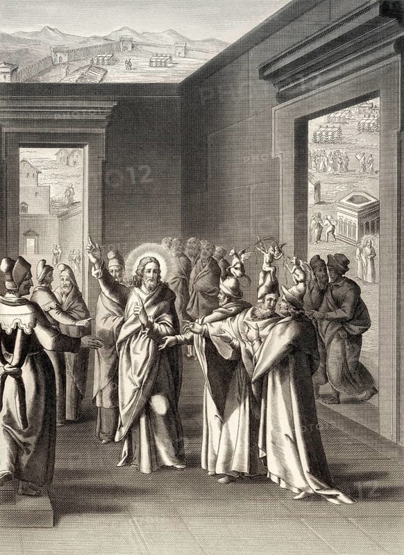 Jesus' debate with the Pharisees after the Feast of Tabernacles, steel engraving 1853, digitally restored