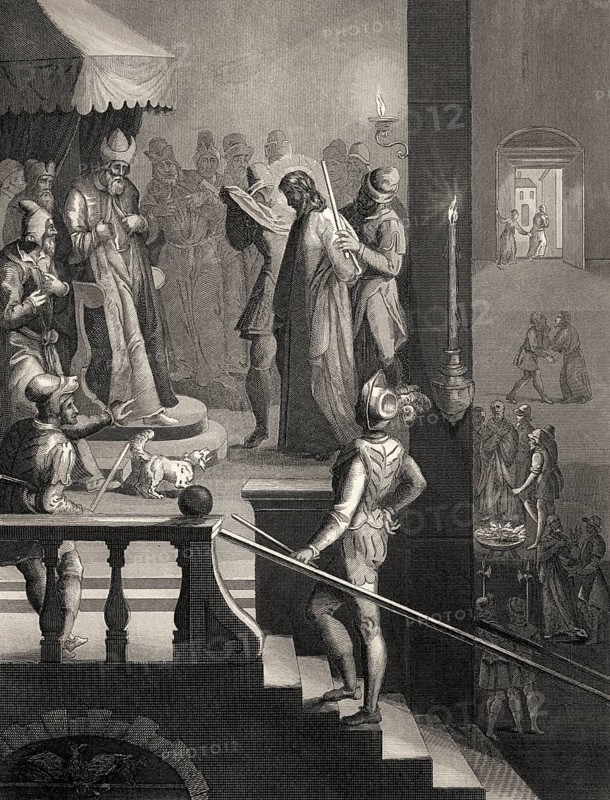 Jesus before Caiaphas, Peter's third denial, New Testament, steel engraving 1853, digitally restored