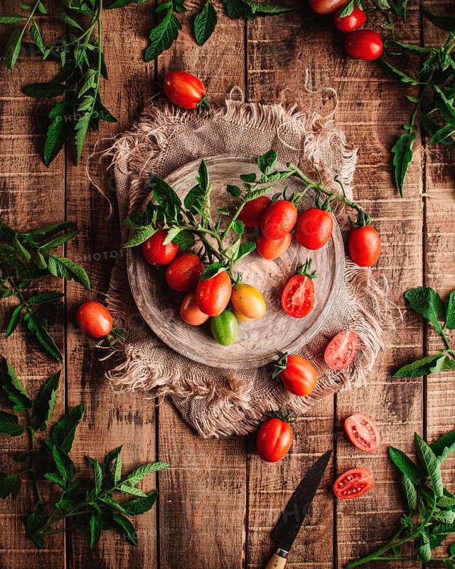 Fresh vine tomatoes are artistically arranged on a rustic wooden table, surrounded by green leaves, creating an inviting, natural ambiance perfect for food-related themes