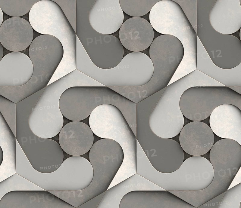 An intricate 3D geometric pattern featuring interlocking shapes in shades of gray, creating a modern and sophisticated design suitable for wallpaper or backgrounds