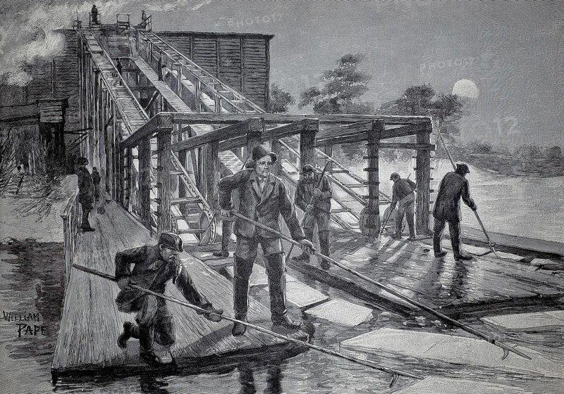 Extraction of ice for cooling, transportation of the ice sheets into storage using the paternoster work, around 1890, illustration, reproduction from a model from the 19th century. Authentic, file restored for optimal use, exact date of submission unknown, historical, workers working together on a structure across a river at night