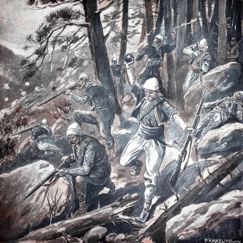 1st World War, Albanians pursuing the Serbian-Montenegin rearguard (original pictorial text from 1915, original colouring), illustration, reproduction from a 19th century original. Authentic, file restored for optimal use, exact date of original unknown, Historical, Soldiers in the forest moving with rifles and grenades, ready for battle in rough terrain