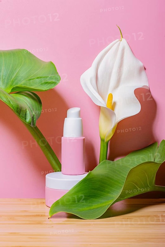 Eco-conscious cosmetic bottles styled with vibrant green leaves and a white flower against a soft pink background, highlighting sustainable beauty