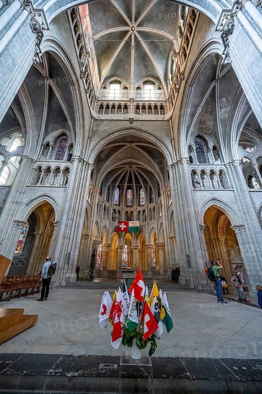 Interior in the nave of Notre Dame de Lausanne Cathedral, Lausanne, Vaud, Switzerland