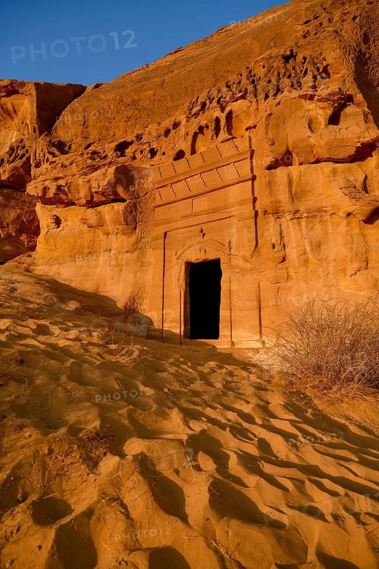 Nabataean tomb at Djabal Al-Ahmar in first daylight, Tomb of Hinat (IGN 117), Hegra or Madain Salih, AlUla region, Medina province, Saudi Arabia, Arabian Peninsula