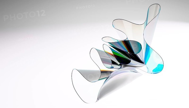 A captivating abstract sculpture of translucent curved glass with reflective surfaces on a soft gradient background. The design showcases mesmerizing fluidity and elegance