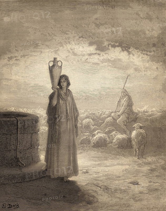 Jacob keeping Laban's flock and meets Rachel, woodcut by Gustave Doré