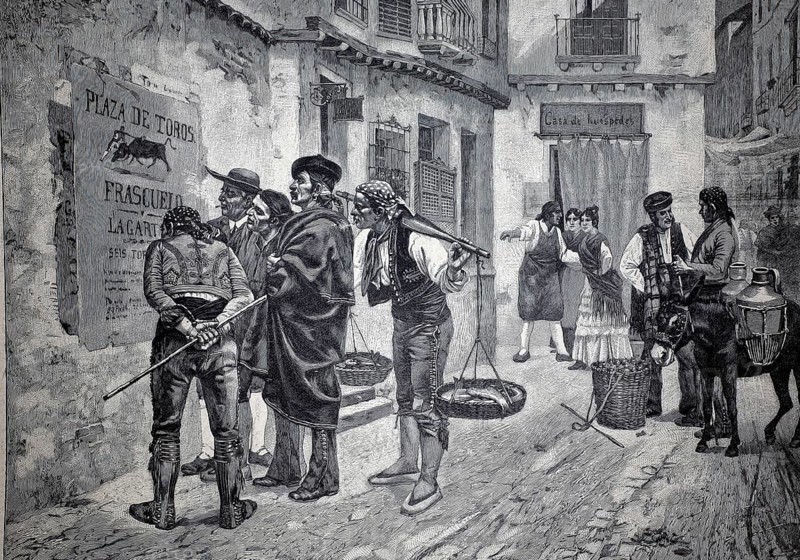 Announcement of a bull camp in Spain, 1896, illustration, reproduction from a 19th-century model. Authentic, file restored for optimal use, exact date of presentation unknown, Historical, a group of men look at a poster on a Spanish village street as everyday scenes unfold in the background