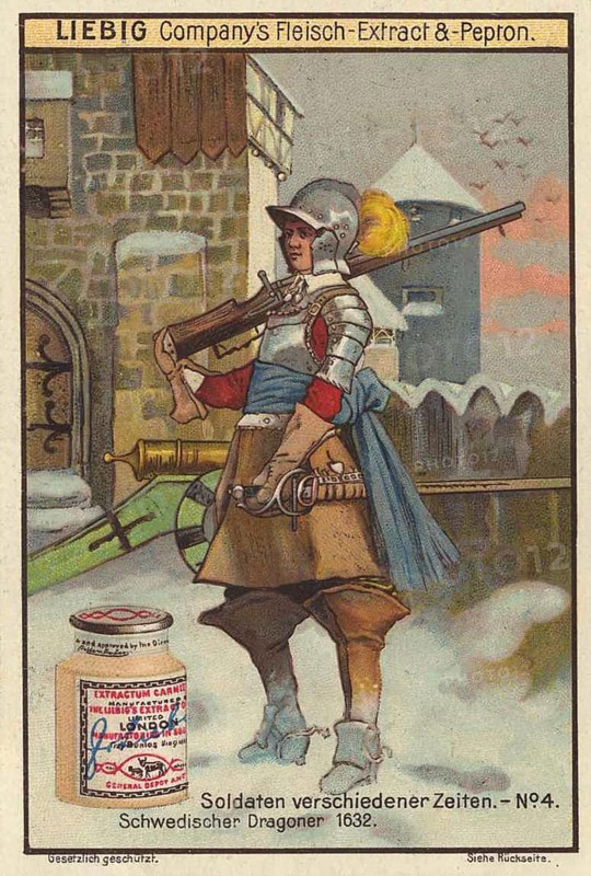 Picture series Soldiers of different times, dragoons around 1632 from Sweden, Liebig picture, digitally restored reproduction of a collector's picture from around 1900, public domain, exact date unknown, A Swedish soldier in the snow in front of a castle. Historical atmosphere