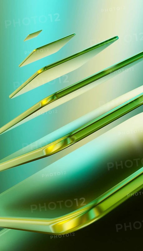 This 3D render features flowing abstract shapes in shades of green and gold, creating a dynamic and modern visual effect on a gradient background