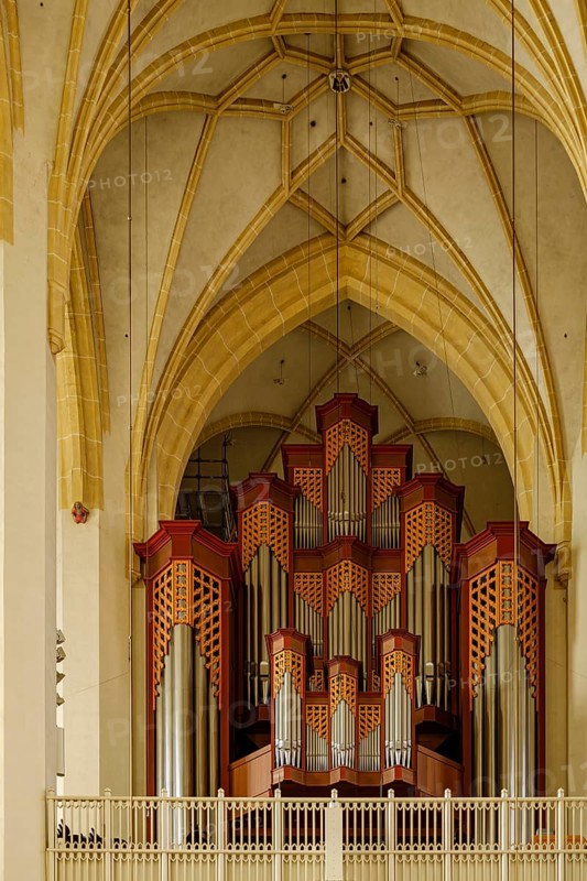 Organ on the west gallery, interior photograph of the Church of Our Lady, or Cathedral of Our Lady, in Munich, Bavaria, Germany, for editorial use only