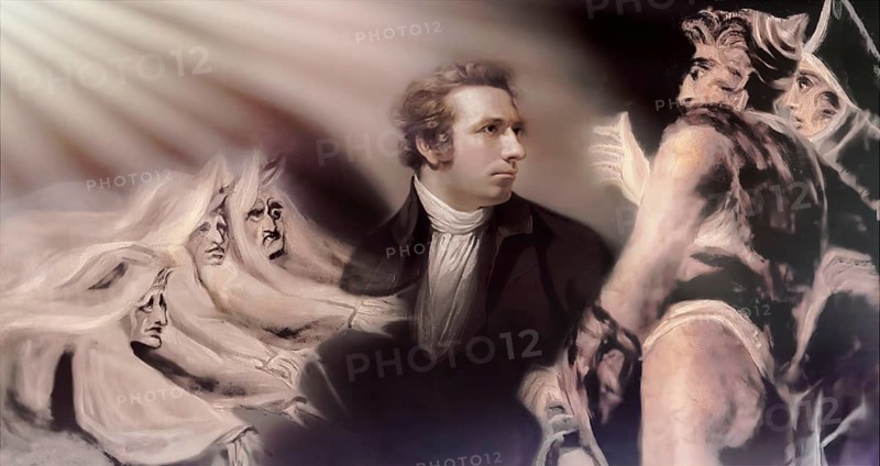 Henry Fuseli or Johann Heinrich Füssli, 1741 – 1825, Swiss painter, draughtsman and writer, digitally edited after Northcote, 1778, Prophecy from the witches, scene from The Tragedy of Macbeth by William Shakespeare