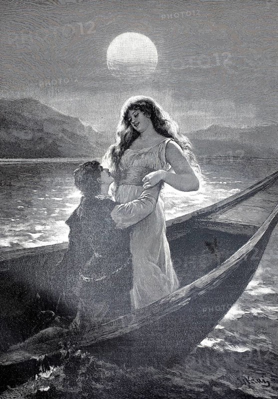 In the moonlight, couple in love in a boat on the lake at a full moon, 1895, illustration, reproduction from a 19th century model. Authentic, file restored for optimal use, exact date of original unknown, historical, man and woman in a boat on the water by moonlight, romantic atmosphere