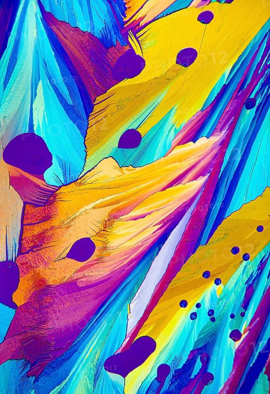 This image showcases a striking microscopic view of adipic acid crystals, featuring bold colors including blue, yellow, purple, and pink, interspersed with dark spots
