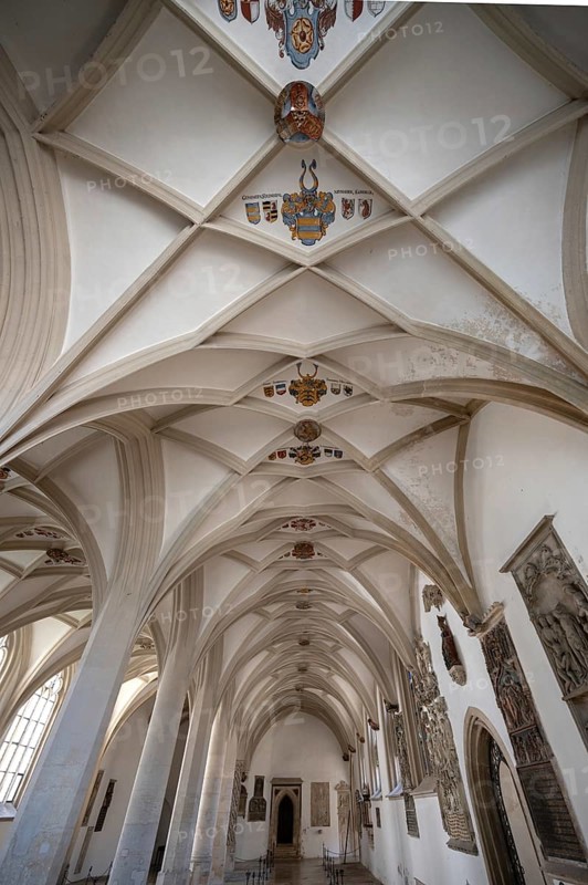 Vault with coat of arms in the late Gothic mortuary, burial place of the cathedral canons, consecrated in 1498, Cathedral of St Salvator or St Willibald, Eichstätt, Upper Bavaria, Germany