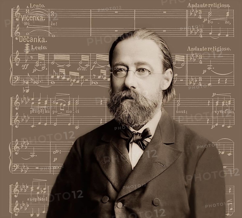 Bedrich Smetana, 1824 – 1884, Czech composer, digital edited according to a photograph, notation from his opera Branibori v Cechách, the Brandenburgers in Bohemia