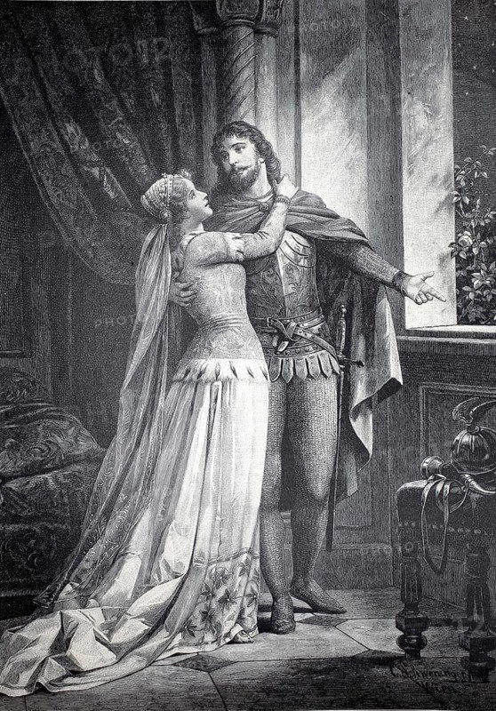 Lohengrin and Elsa on wedding evening, opera scene from the opera by Richard Wagner, 1891, authentic, digitally restored reproduction from a 19th century model, exact date of depiction unknown, historical, A knight and a lady in medieval robes hug each other in a castle
