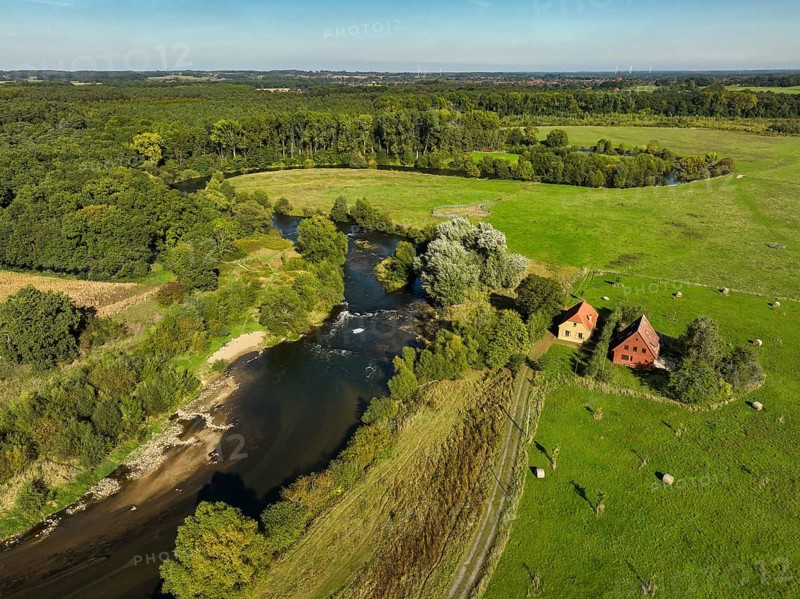 Datteln, North Rhine-Westphalia, Germany - Lippe, river and floodplain development of the Lippe near Haus Vogelsang, a near-natural river landscape was created here, an intact river-floodplain ecosystem restored with flood protection through redesigned flooded areas. The new Lippe-Schleife has created an extensive floodplain landscape that provides valuable habitat for animal and plant species