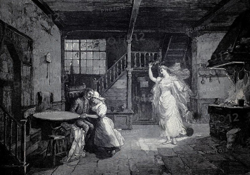 Scene from the opera Das Heimchen am Herd, by Goldmark, das Cricket appears to the reconciled couple, 1896, illustration, reproduction from a model from the 19th century. Authentic, file restored for optimal use, exact date of original unknown, Historic, a couple sitting in a cozy interior as a witch-like figure dramatically descends the stairs