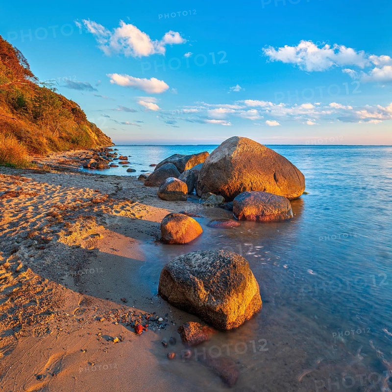 Coastal landscape with large boulders on the Baltic Sea beach in the evening light, Mönchgut Nature Reserve, Groß Zicker, Mönchgut Peninsula, Rügen Island, Mecklenburg-Western Pomerania, Germany