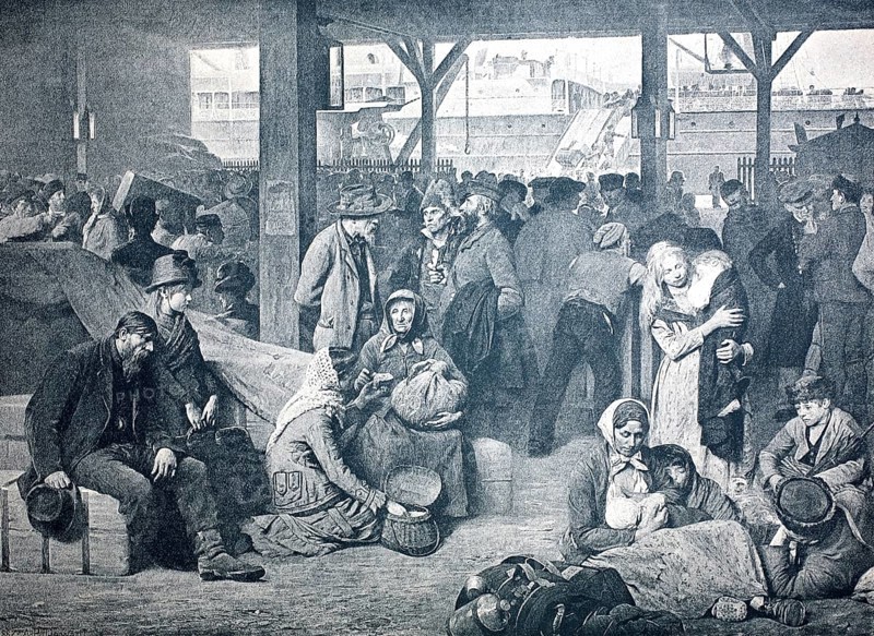 Embarkation of emigrants to America, many people in the waiting room waiting for dispatch, 19th century, England, illustration, reproduction from a 19th-century original. Authentic, file restored for optimal use, exact date of submission unknown, historical, immigrants in a busy port waiting with luggage in front of a ship