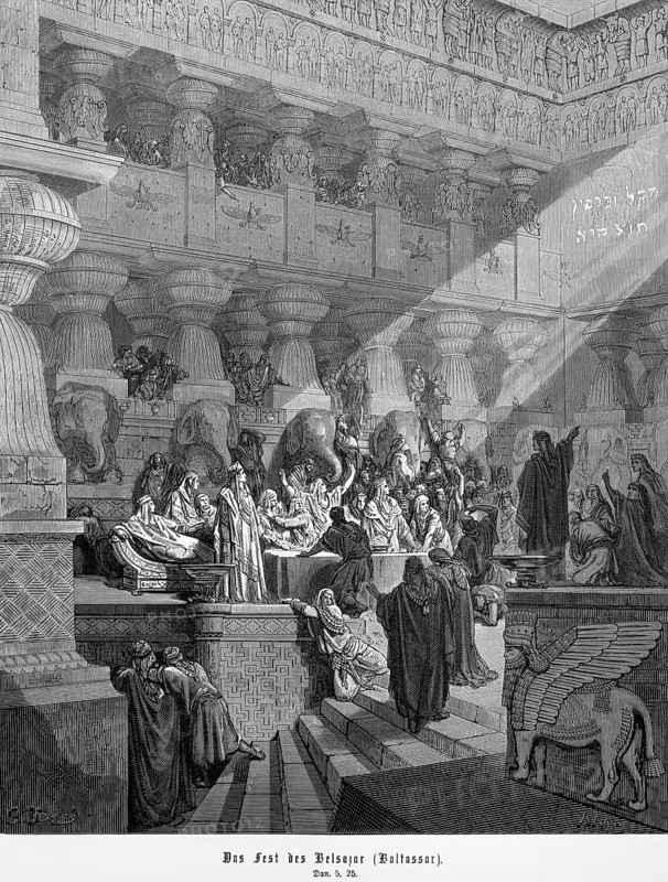 Daniel, chapter 5, verse 25, The feast of Belsazur or Baltasar, Daniel announces the fall of King Belshazzar, God has numbered the days of your reign, royal palace, Old Testament, Bible, ray of light, wealth, pomp, end, arrogance, religion, steel engraving Doré, historical illustration 1885