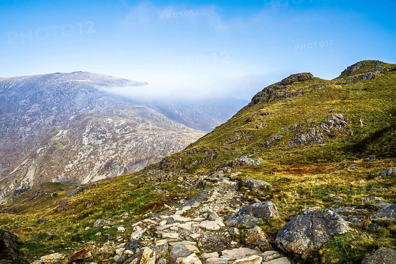 Pyg Track over Llyn Llydaw lake, Pen-y-Pass, mountain pass, Snowdonia, Gwynedd, north-west Wales, UK