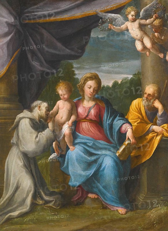 Painting, Reproduction of the painting, Work of art, Historical, Guido Reni, called il Guido or il divino Guido (born 4 November 1575 in Bologna, died 18 August 1642) Italian painter, fresco artist and etcher of the Bolognese school, main representative of a baroque classicism in painting, here the work:, Holy Family With Saint Francis, Holy Family with Saint Francis, Holy Family with Angels, tender and devout scene in an architecturally designed room