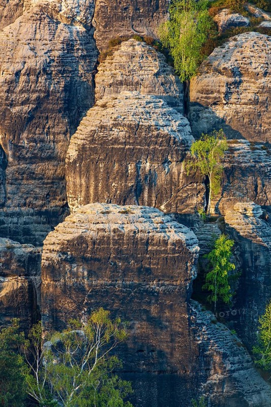 Sandstone formations in late light at the Bastei rocks near the village of Rathen in Saxon Switzerland National Park, Saxony, Germany