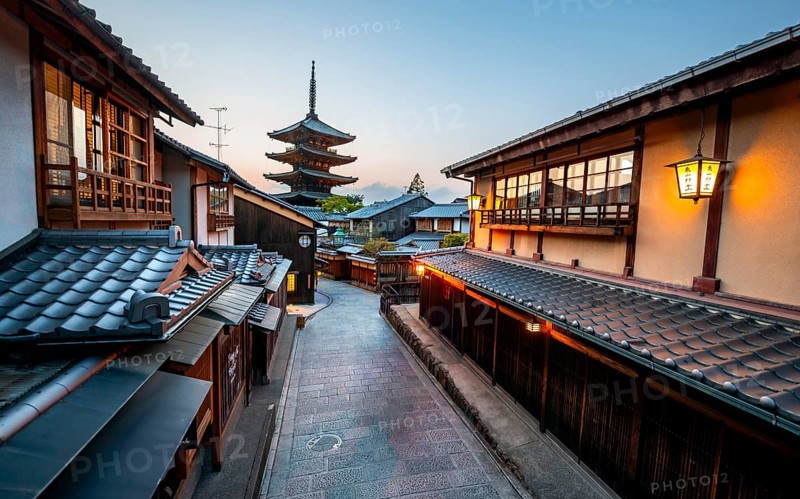 Yasaka dori historic street in the old town with traditional Japanese houses, five-story Yasaka Pagoda of the Buddhist Hokanji Temple at the back, evening mood, blue hour, Higashiyama, Kyoto, Japan