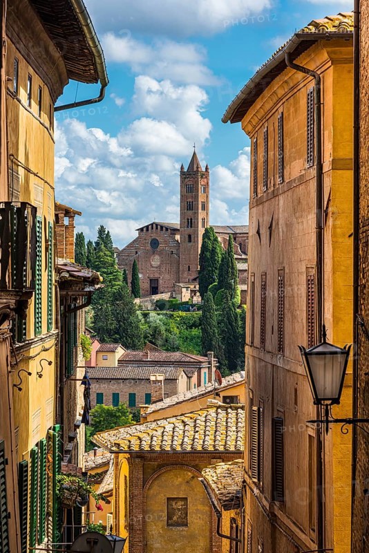 Old town with view of Basilica di San Clemente, historical, building, alley, Siena, Tuscany, Italy