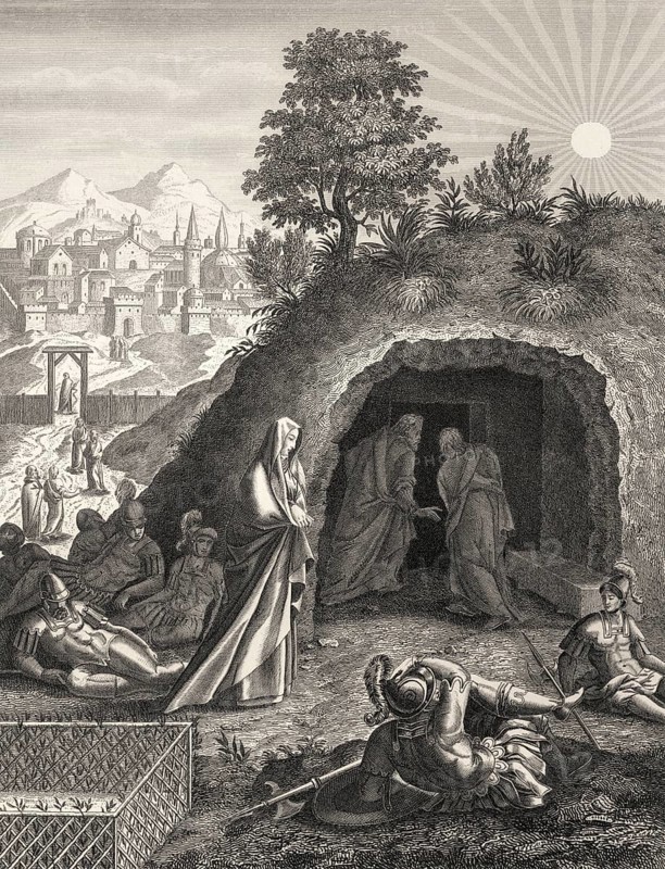 The empty tomb, Resurrection of Jesus, New Testament, steel engraving 1853, digitally restored