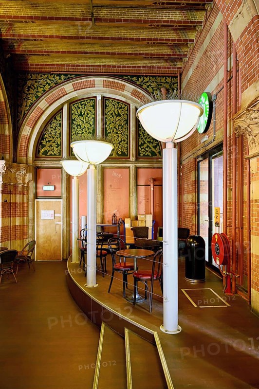 Interior view of coffee at Centraal Station, Central Station with flag, Amsterdam, Netherlands