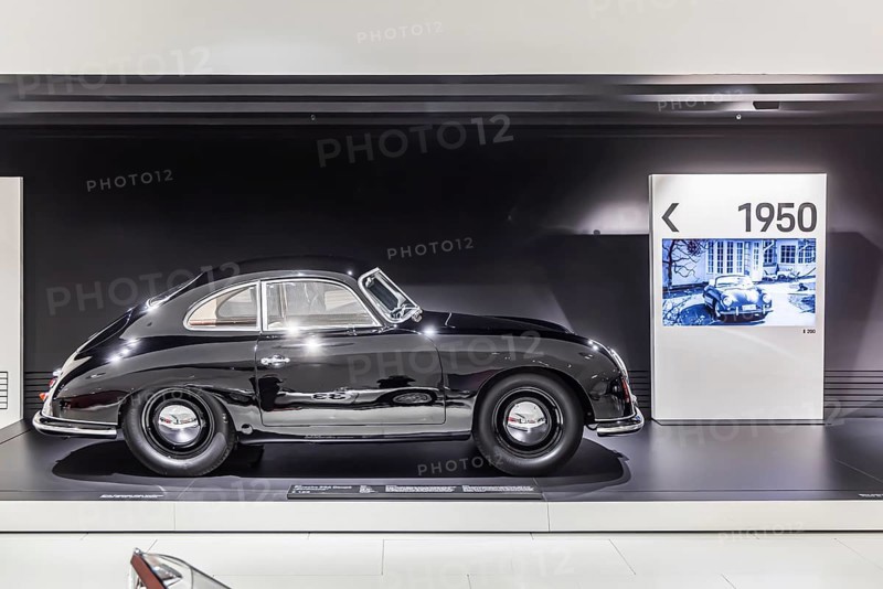 Porsche Museum Stuttgart-Zuffenhausen. Porsche 356 Coupé Ferdinand from 1950. The automotive museum of Dr. Ing. h.c. F. Porsche AG shows racing cars and iconic cars from automotive history. interior view. Stuttgart, Baden-Württemberg, Germany