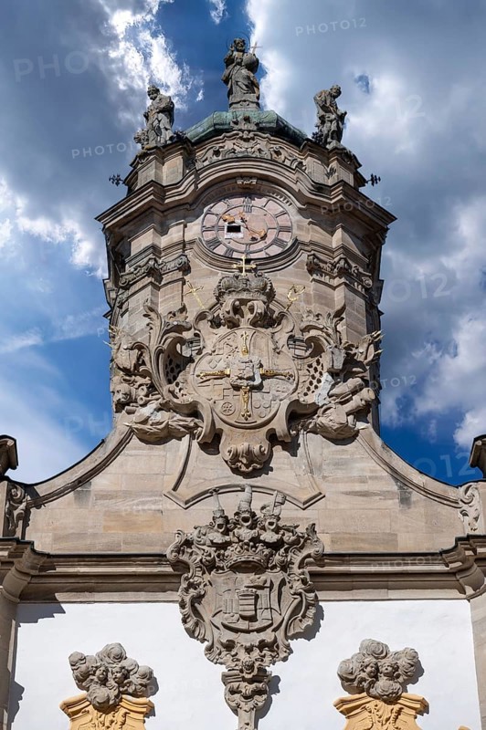 Clock tower of the castle church in the courtyard of the Ellingen Residence, Ellingen, Middle Franconia, Bavaria, Germany