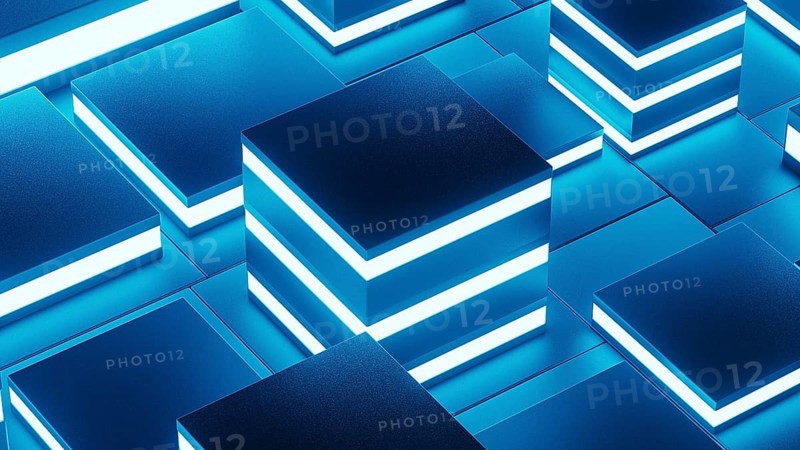 Abstract background design featuring a network of glowing geometric shapes in blue tones, creating a visually captivating technological atmosphere