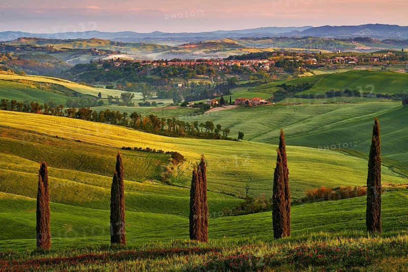 Asciano, landscape in Tuscany, near the Siana and Pienza, Sunrise morning in Italy. Idyllic view on hilly meadow in Tuscany in beautiful morning light, Italy. Foggy morning in nature