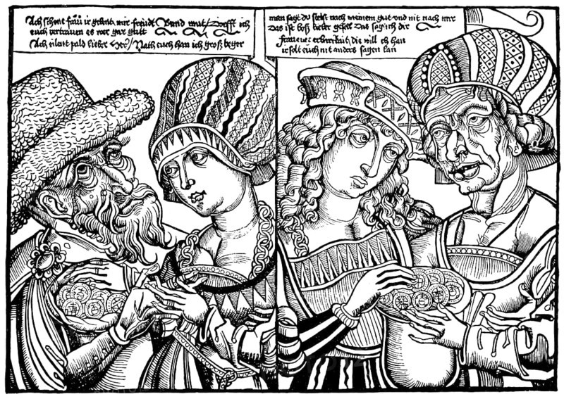 Historischer Holzschnitt aus dem Mittelalter, das ungleiche Liebespaar, der reiche, alte Mann und die junge, schöne Frau