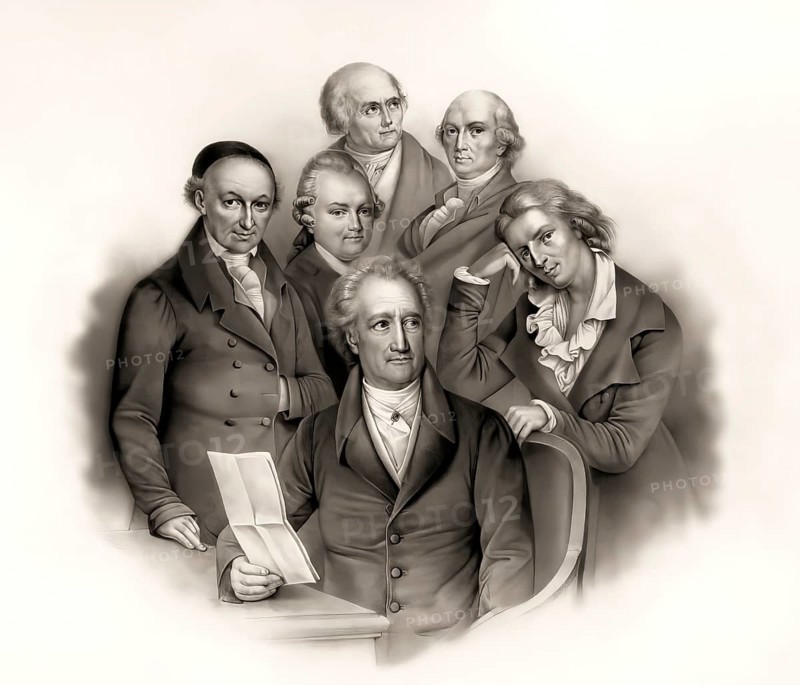 Portraits of six German poets: Johann Wolfgang von Goethe, Friedrich Schiller, Christoph Martin Wieland, Friedrich Gottlieb Klopstock, Gotthold Ephraim Lessing and Johann Gottfried Herder, digitally edited