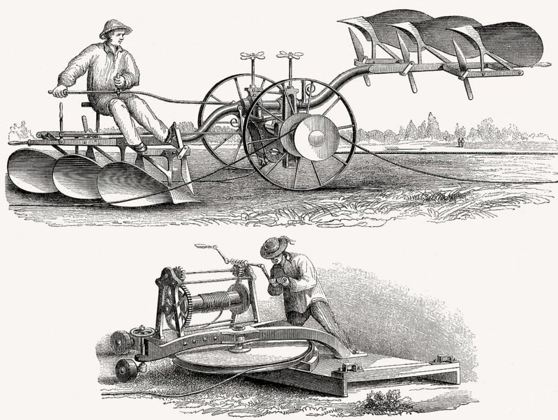 Ein landwirtschaftliches Pflugsystem, das von einer Seilwinde durch Muskelkraft angetrieben wird, erfunden von M. Lotz, 19.