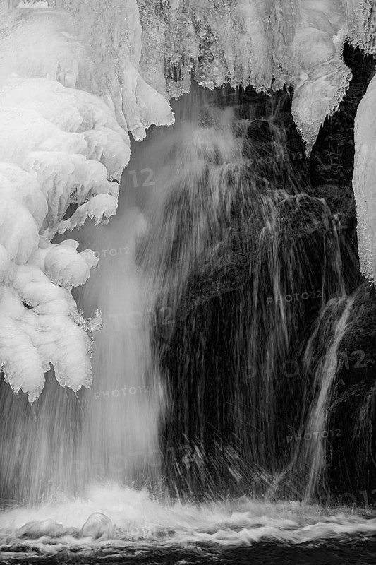 Frozen waterfall, Skutafoss, black and white photo, Sudausturland, Iceland