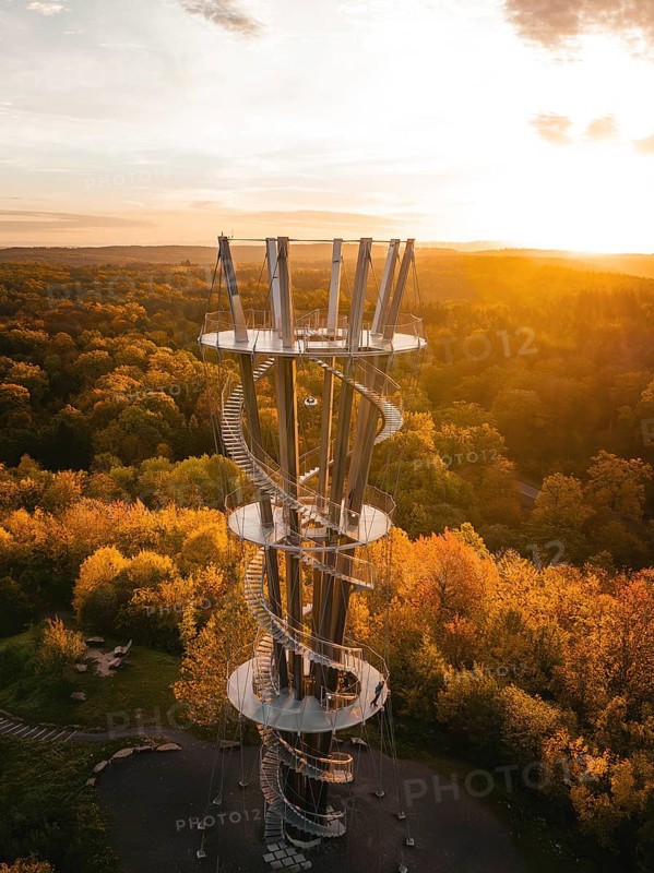 Aerial view of the Schönbuchturm in autumn forest at sunrise, Herrenberg, Germany